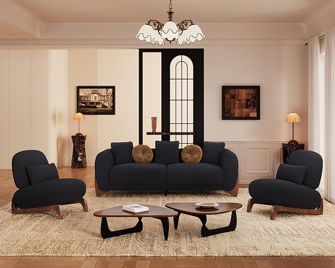 Morden Fort Sherpa Boucle Chair Single Tilted Modern Wood Chair with Thick Cushion Comfortable Lumbar Pillow Armless Reading Accent Chair Compatible with Sofa Set Couch for Living Room Black