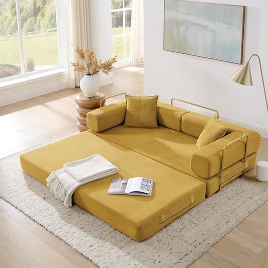 4-in-1 Folding Convertible Sofa Bed 78 Inch Boneless Couch with Fixed-Shape Frame Corduroy Loveseat Sleeper with Pull Out Bed Floor Sofa Modular Futon Couch for Living Room Bedroom Lounge (Yellow)