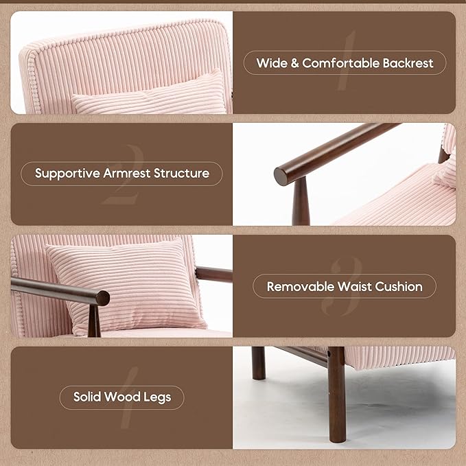 Yoglad Accent Chair with Storage Corduroy Fabric Reading Chair with Wood Frame Mid Century Modern Storage Armchair for Living Room Bedroom Apartment(Light Pink)