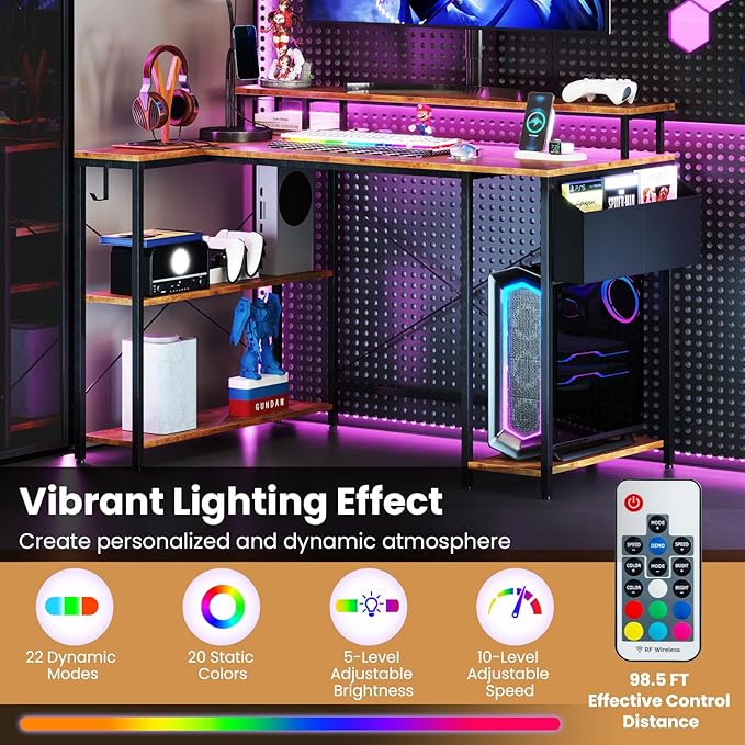 L-Shaped Gaming Desk with LED Lights &amp Power Outlets 48 Computer Table with Storage Shelves Monitor Stand Home Office Desk with Metal Frame Rustic Brown/Black (Rustic Brown)
