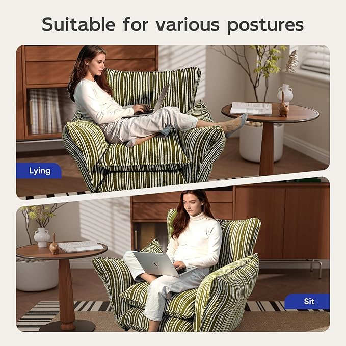 Chenille Accent Chair with Lumbar Pillow Green Stripe Wide Armrests Deep Seat 7 Inch High-Density Foam 350 lbs Capacity