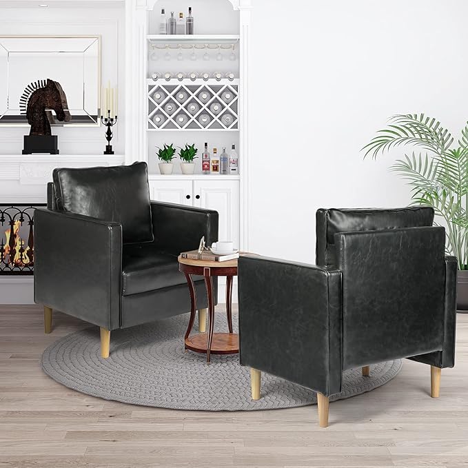 STHOUYN Black Faux Leather Accent Chairs Set of 2 Small Living Room Bedroom Chairs Comfy Reading Chair Single Sofa for Adults Suitable Small Spaces Office Couch Easy Assembly
