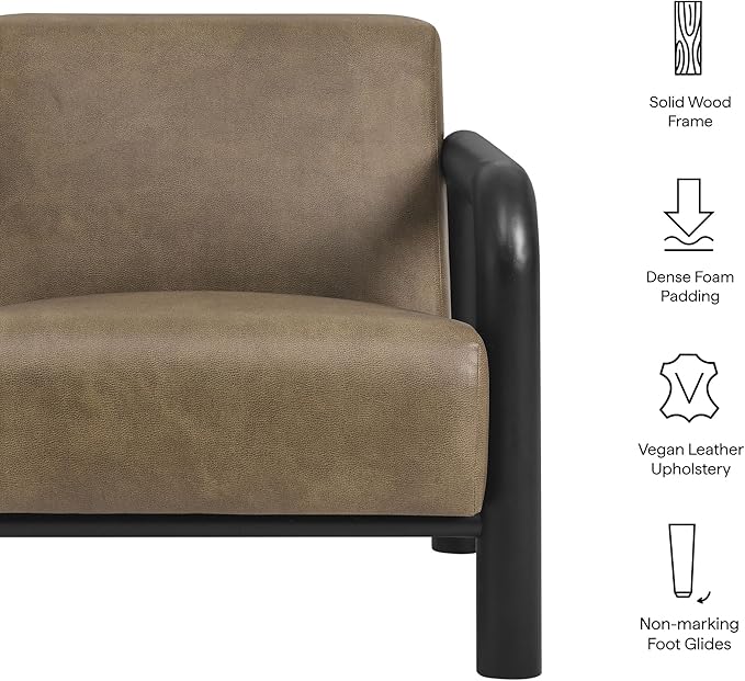 Modway Sereno Modern Vegan Leather Accent Chair in Mushroom Black with Rounded Wood Armrests – Faux Leather Lounge Chair for Living Room or Bedroom
