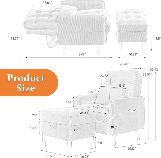 Accent Chairs with Storage Ottoman Corduroy Fabric Armchair with Adjustable Backrest and Side Pockets Mid Century Modern Reading Sofa Chair for Living Room Bedroom (White Set of 2)