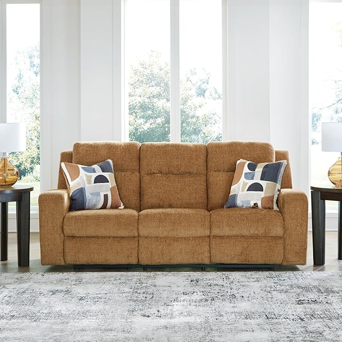 Signature Design by Ashley Kanlow Contemporary Manual Reclining Sofa with 2 Accent Pillows Light Brown