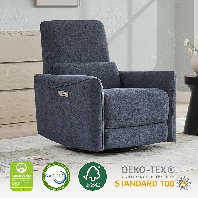 CHITA Power Recliner Chair Swivel Glider FSC Certified Upholstered Fabric Living Room Nursery Reclining Sofa Chair with Lumbar Support Ink Blue