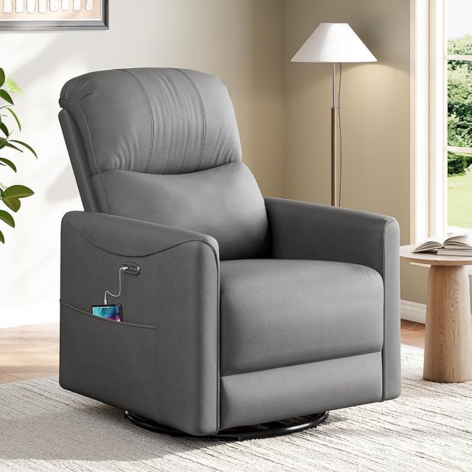 Power Swivel Rocker Recliner Power Recliner Chair 360° Swivel Small Recliners for Small Spaces Infinite Position Rocking Chair Nursery PU Leather Living Room Chairs with USB Port Gray