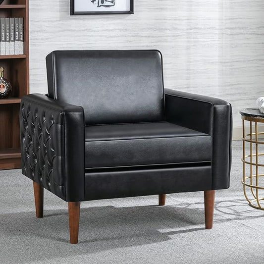 BFZ Modern Button Tufted Armchair with Wood Legs PU Faux Leather Accent Chair Comfy Upholstered Single Sofa Lounge Chair Club Chair for Reading Living Room Bedroom