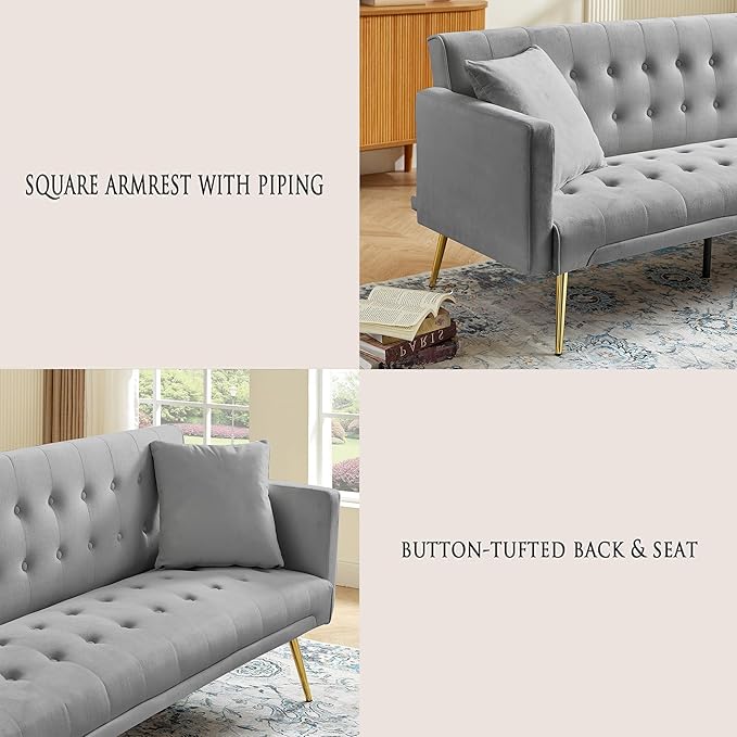 Anwick 72 Modern Velvet Sofa Bed FutonConvertible Folding Sleeper Bed Couches with 3 Adjustable BackrestsTufted Recliner Loveseat with Golden Chrome Legs for Small Living Room Office (Grey)