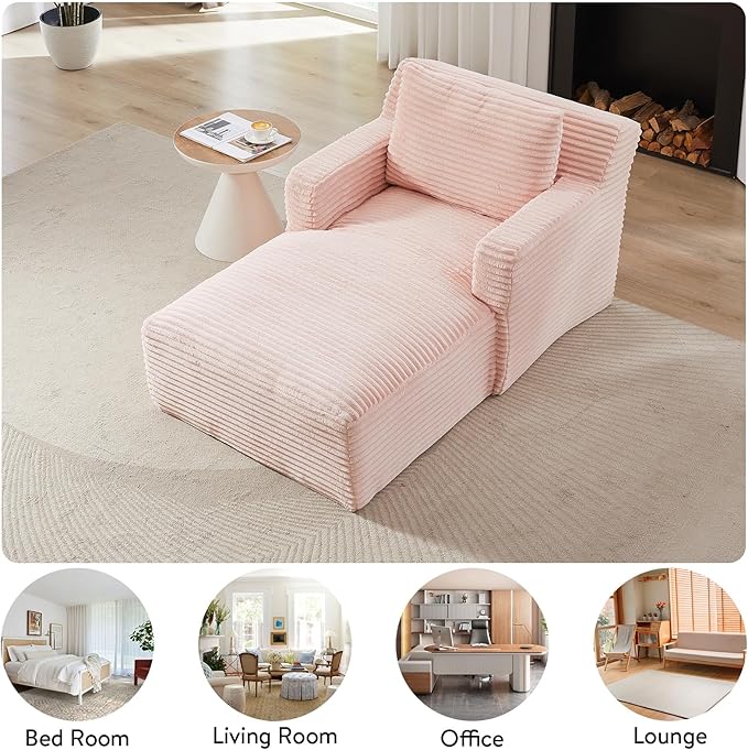 Chaise Lounge Chair Indoor Upholstered Corduroy Single Lounge Sofa Couch Comfy Reading Recliner Sleeper Sofa Chair Bed with Armrests and Pillows for Bedroom Living Room (Pink)