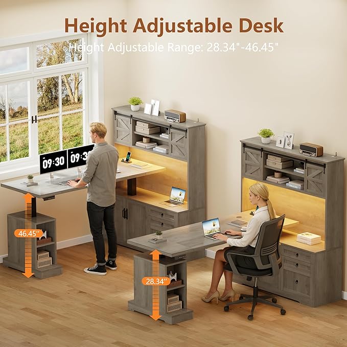 70.86 Farmhouse L Shaped Standing Desk with Hutch Electric Height Adjustable Desk with Storage Corner Computer Desk with File Drawer Power Outlets LED Gaming Desk with Sliding Door Grey