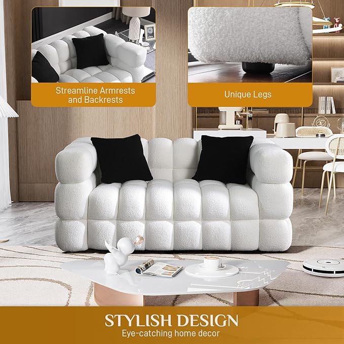 Boucle Sofa Couch 62.2 Comfy Upholstered Sherpa Loveseat Cozy Tufted 2-Seater Cloud Deep Seat Couch Small Modern Love Seat with 2 Pillows for Living Room Apartment Bedroom White