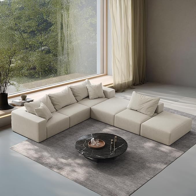 197” Modular L-Shaped Sectional Sofa Cloud Chenille Couch with 6 Pillows No-Assembly Customizable Sofa for Living Room &amp Bedroom Beige