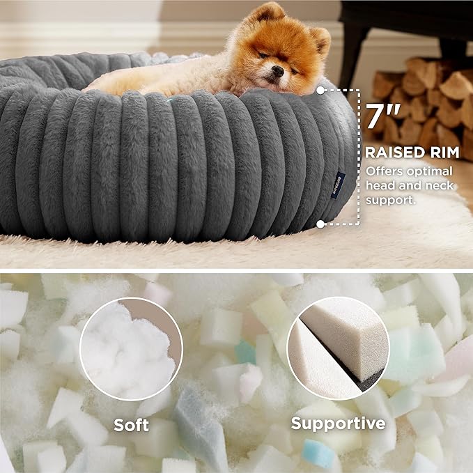 Bedsure ComfyFleece™ Donut Small Dog Bed - Dog Beds for Small Dogs with Corduroy Fleece &amp Anti Slip Bottom Round Faux Fur Pet Beds with Washable Removable Cover Warm Grey 23x23x7 inches