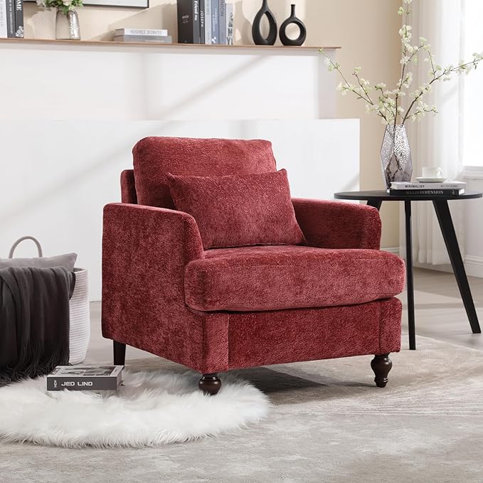 Mid Century Modern Linen Fabric Accent Chair for Living Room Bedroom Guest Room Office Apartment Waiting Room Furniture Upholstered Armchair Reading Accent Chairs (Wine Red)