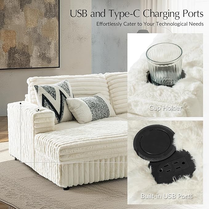 HULALA HOME 88 Double Chaise Lounge Sofa with USB Port and Cup Holder Oversized Cloud Couch with Faux Rabbit Fur Deep Seat Sleeper Sofa Bed for Living Room Bedroom Ivory