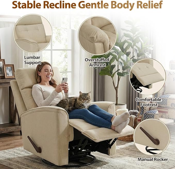 360° Swivel Manual Recliner Nursery Recliner Chair with Lumbar SupportRocker Recliner Chair for Adults Small Recliner for Living Room Bedroom Nursery Chenille Beige
