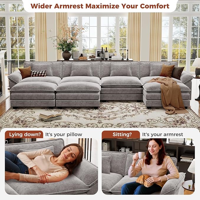 CDCASA 154 Oversized Modular Sectional Sofa Comfy U-Shaped Cloud Couch w/ 3 Movable Ottomans 7-Seater Chenille Deep Seat Modern Sofa Couch for Living Room Grey