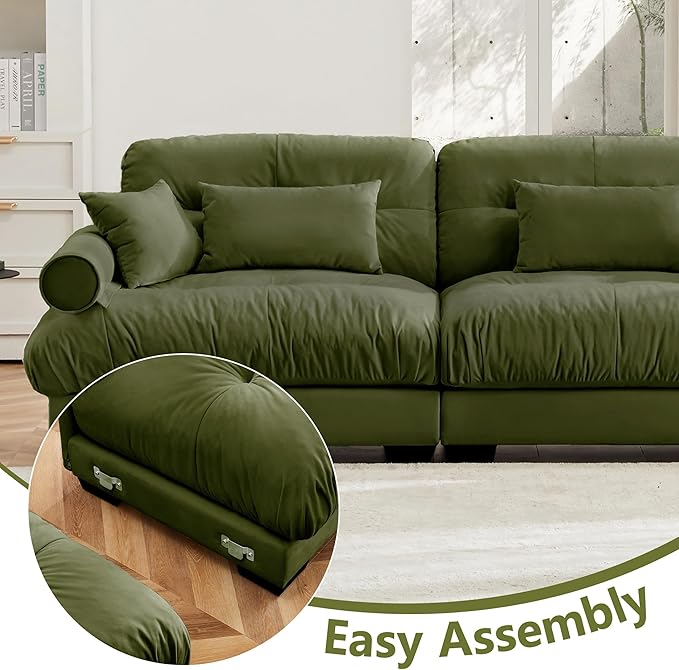 Oversized 3 Seater Modular Sectional Sofa Large Sectional Couch for Living Room Velvet Cloud Couch with 5 Pillows Deep Seat Sofa Olive Green