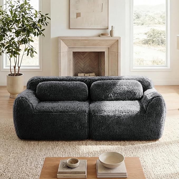 80.4-Inch Boneless Love Seat Couches in a Box Modern 2 Seat Floor Modular Foam Cloud Sofa Faux Fur Loveseat Couch W/Angle Armrests for Home Apartments Bedroom