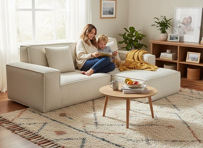 106 Cloud Sectional Couch with Deep Seat No Assembly Required Modern Upholstered Boneless Couches with 2 Pillows Full Sponge Compressed Sofa for Living Room/Apartment (Beige + Ottoman)