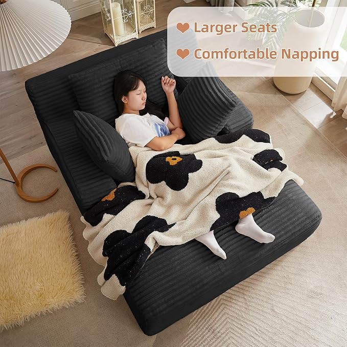 Oversized Chaise Lounge Chair Indoor Corduroy Sofa Bed with Throw Pillows Recliner Chair Comfy Large Deep Seat Sofa Couch for Living Room Bedroom Apartment (Black)
