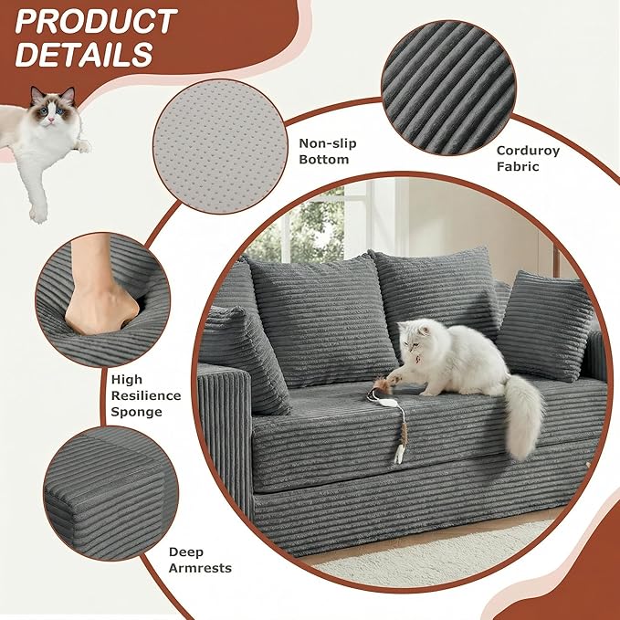 Convertible Sofa Bed 5 in 1 Small Boneless Couch Pull Out Loveseat Sleeper SofaCorduroy Futon Couch Folding Mattress with 4 Pillows for Living Room Bedroom Lounge (No Assembly)