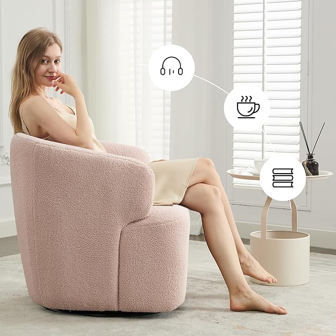Swivel Accent Chair Sherpa Teddy Barrel Chair for Living Room Cozy Round Boucle Arm Chair Metal Base for Club Nursery Bedroom Light Blush Pink