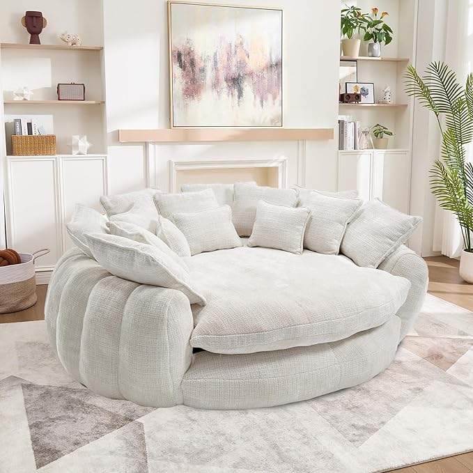 81'' Cloud Couches for Living Room Comfy Circle Round Couch Bed with 14 Pillows Upholstered Boneless Couch Oversized Chaise Lounge Chair Indoor Extra Wide Round Daybed Floor Sofa (White)