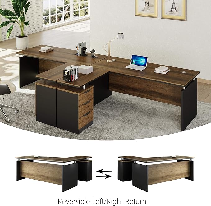 SAINTCY 63 Inch L-Shaped Executive Desk Industrial Modern Wood Office Desk with 3 Drawers Built-in Cable Management &amp Power Outlet Real Wood Finish Reversible Left/Right Return Home Workstatio
