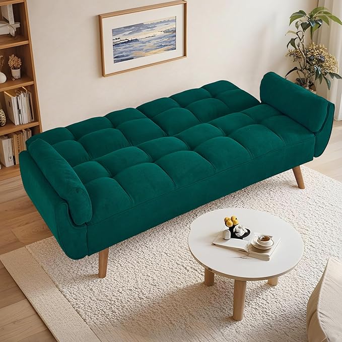 Convertible Futon Couch Bed Sleeper Sofa Bed with Adjustable Backrests Linen Loveseat Sofa 3 Seater Comfy Couch for Small Spaces Living Room Bedroom(Green 75)