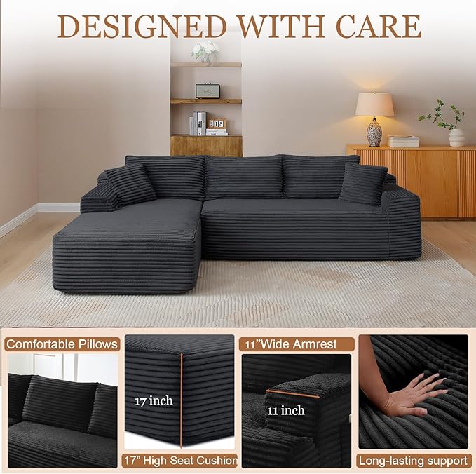 108 Cloud Sectional Couch Modern Boneless Couch with L-Shape Chaise Deep Seat Modular Sectional Sofa Corduroy Corner Couches for Living RoomNo Assembly Required (Black Left Facing Chaise)