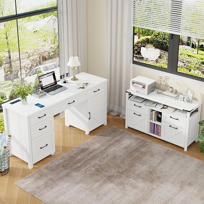 Farmhouse Filing Cabinet with Adjustable Shelf for Home Office Lateral File Cabinets 4 Drawers with Open Storage Shelf Filing Organization Storage Cabinets for Hanging Files Letter/A4.(White)