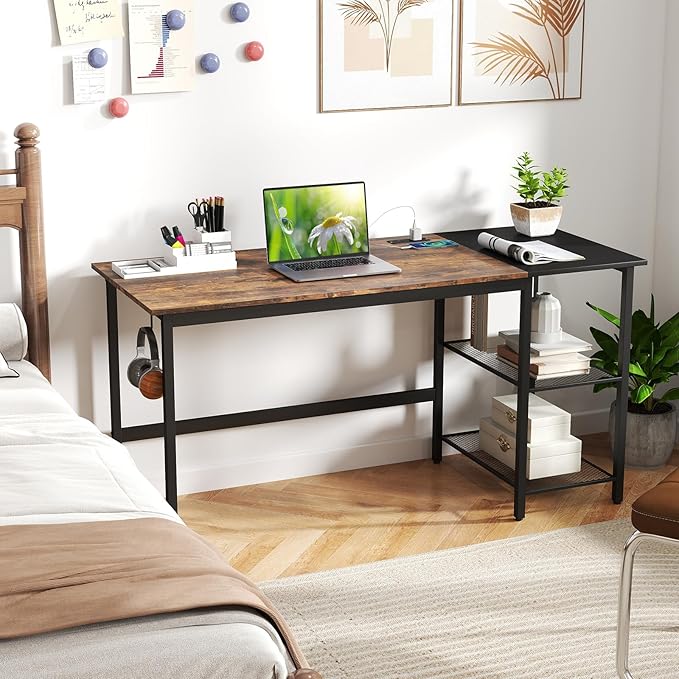 Computer Desk 59’’ Gaming Desk w/Storage Shelves &amp Power Outlet Wood Office Table w/Steel Frame &amp Adjustable Feet Large Writing Desk for Bedroom Study Home Office (Rustic Brown 59''W)