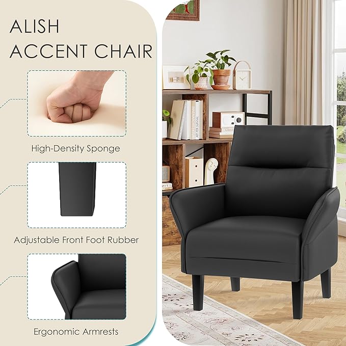 ALISH Mid-Century Accent ChairUphsoltered Modern Armchair Side Chairs with Wood LegsFaux Suede Single Sofa Chair for Living Room Bedroom (Black Set of 1)