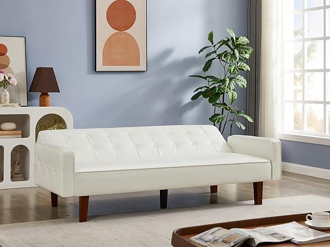 74.4 Faux Leather Couch Bed Sofa Bed Small Space Sleeper Couch with Adjustable Backrest Mid Century Modern Couches for Small Living Room Office Bedroom Apartment (White)