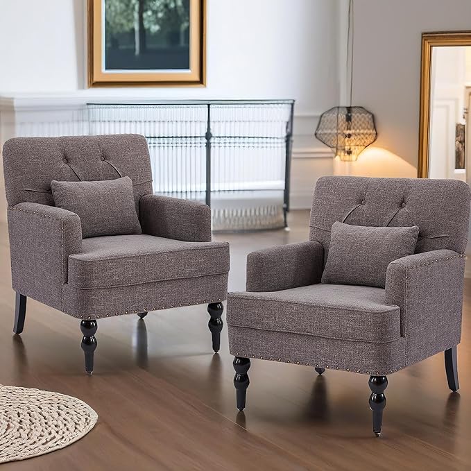 HUIMO Tufted Club Chair Set of 2Accent Chair with Lumbar Pillow Upholstered Button Armchair Fabric Sofa Chairs for Bedroom Living Room Mid Century Modern with Studded Reading Chair(2Grey)
