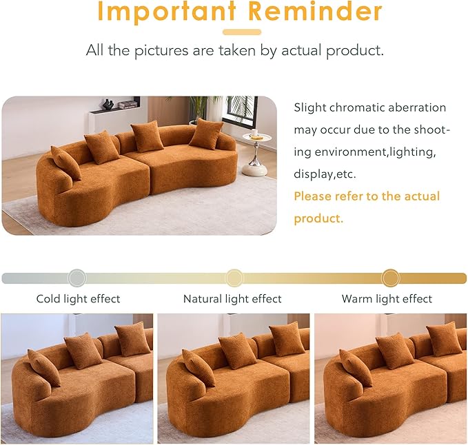 Oversized Sectional Sofa for Living Room 110 Modern Luxury Plush Chenille Sofa 4-Seater Extra Deep &amp Wide Seat Curved Cloud Couch with 4 Throw Pillows Orange