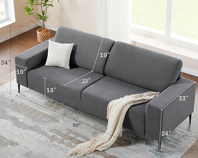 AMERLIFE 89 inch Sofa 3 Seater Sofa Chair Set 3 Chairs and Sofa Set Comfy Sofa Couch with Extra Deep Seats Grey Corduroy
