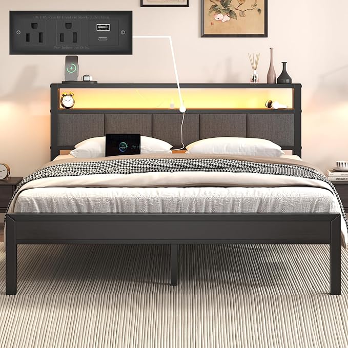 Full Size Bed Frame with LED Lights and Charging Station Wood Storage Headboard with 2-Tier Shelves Heavy Duty Metal Slats No Box Spring Need Noise Free Easy Assembly Light Grey