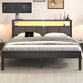 Full Size Bed Frame with LED Lights and Charging Station Wood Storage Headboard with 2-Tier Shelves Heavy Duty Metal Slats No Box Spring Need Noise Free Easy Assembly Light Grey