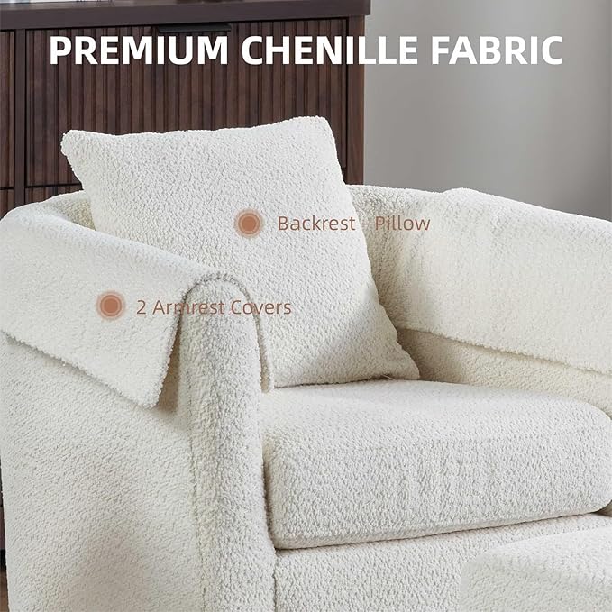 Swivel Accent Chair with Ottoman Modern Chenille Comfortable Bucket Chair with Removable Pillow Small Couch Barrel Armchair for Small Spaces Living Room Bedroom Office (White)