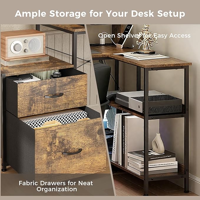 GTPLAYER 73 L Shaped Gaming Desk Reversible Computer Desk with Power Outlets &amp LED Lights Home Office Corner Desk with Storage Shelves Monitor Stand and Tower Space Rustic Brown