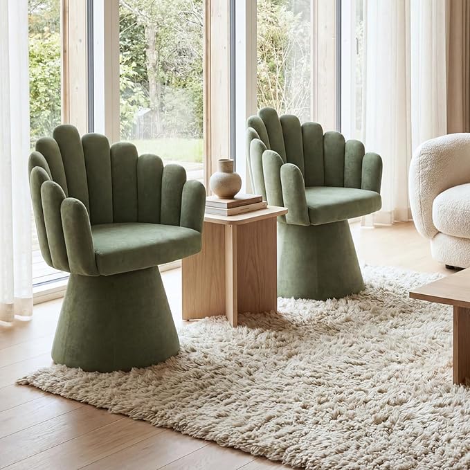 Modern 360 Degree Swivel Accent Chairs Set of 2 Barrel Living Room Chair with Curve Back and Armrest Comfy Round Vanity Chair Reading Armchair Single Sofa for Bedroom/Waiting Room Green