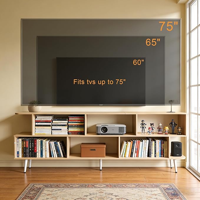 Lightdot 65 Inch TV Stand up to 75 Inch TVs Large Storage for Collection with 8 Open Shelves Sturdy Media Console Table for Living Room/Entrance/Kitchen/Sofa Cabinet Easy Assembly Walnut