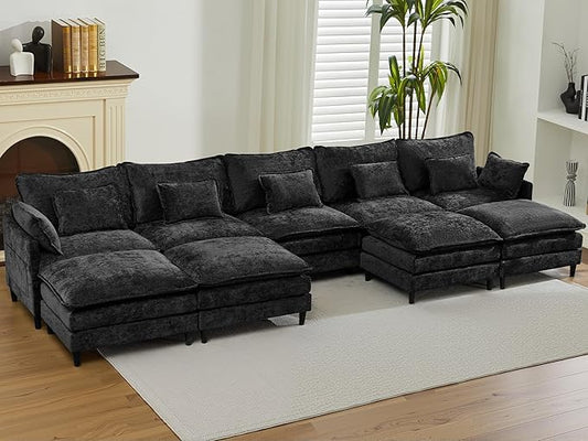 SAMERY 180.6 U Shaped Couch Cloud Sofa Modular Sectional Couch with 4 Large Ottomans 5 Seater Chenille Oversized Deep Seat Sectional Sofa with Pillows for Living Room Bedroom Apartment