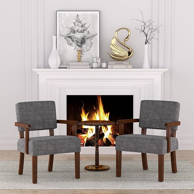 Mid Century Modern Accent ChairArmchairs with Solid Wood Frame and LegsUpholstered Reading Leisure Chair for Living RoomBedroomOfficeWaiting Room (Gray)