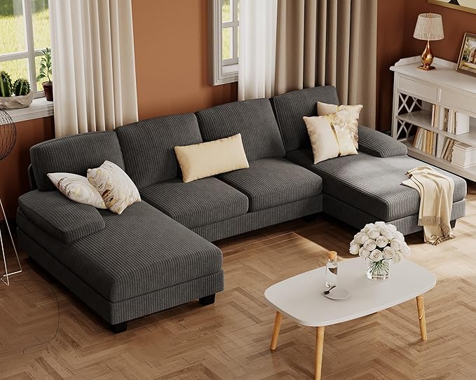 Furmax Sectional Couches for Living Room U-Shaped Sofa Couch with Linen Fabric 4 Seat Sofa Set with Double Chaise for Apartment (Corduroy Dark Grey)