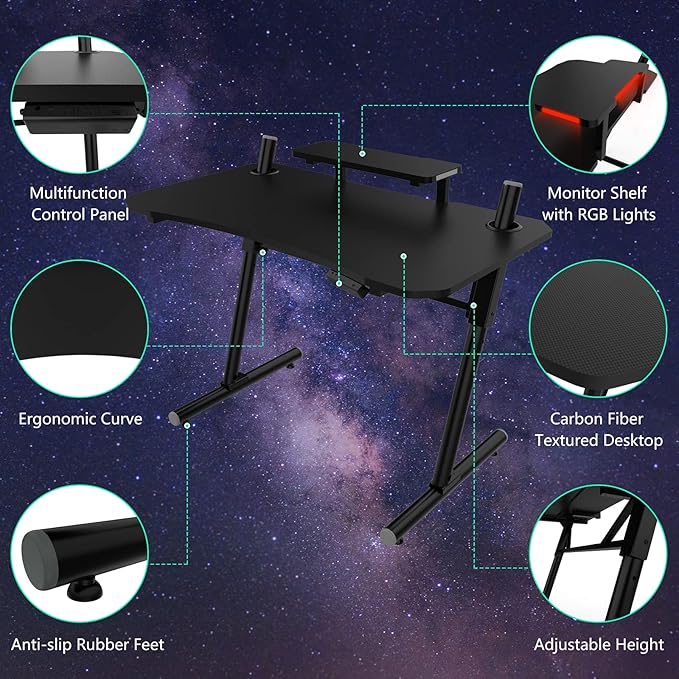 Modern-Depo Computer Gaming Desk with LED Lights Monitor Stand Shelf 41 Inch Adjustable PC Table Workstation Black