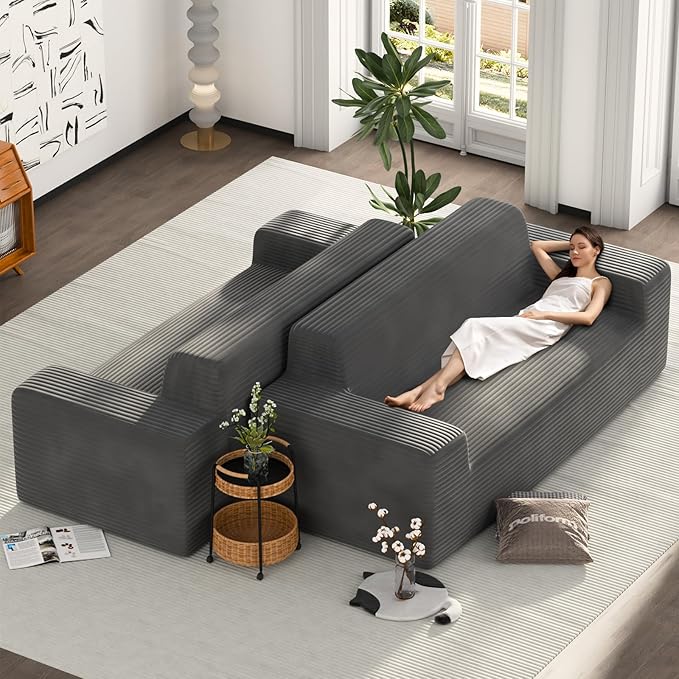 Sofa-in-a-Box 79 3-Seater Couch Corduroy Sofas Couch with 24Deep Seat 10 Wide Armrest Modern Floor Memory Foam Couches for Living Room Apartment Office No Assembly Required Dark Grey
